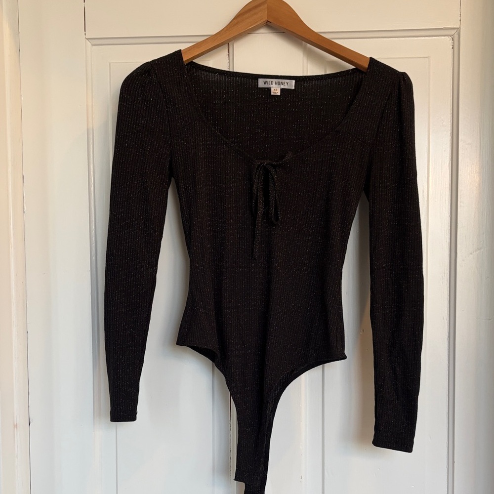 Wild Honey Black Tie-Front Shimmering Bodysuit Size XS